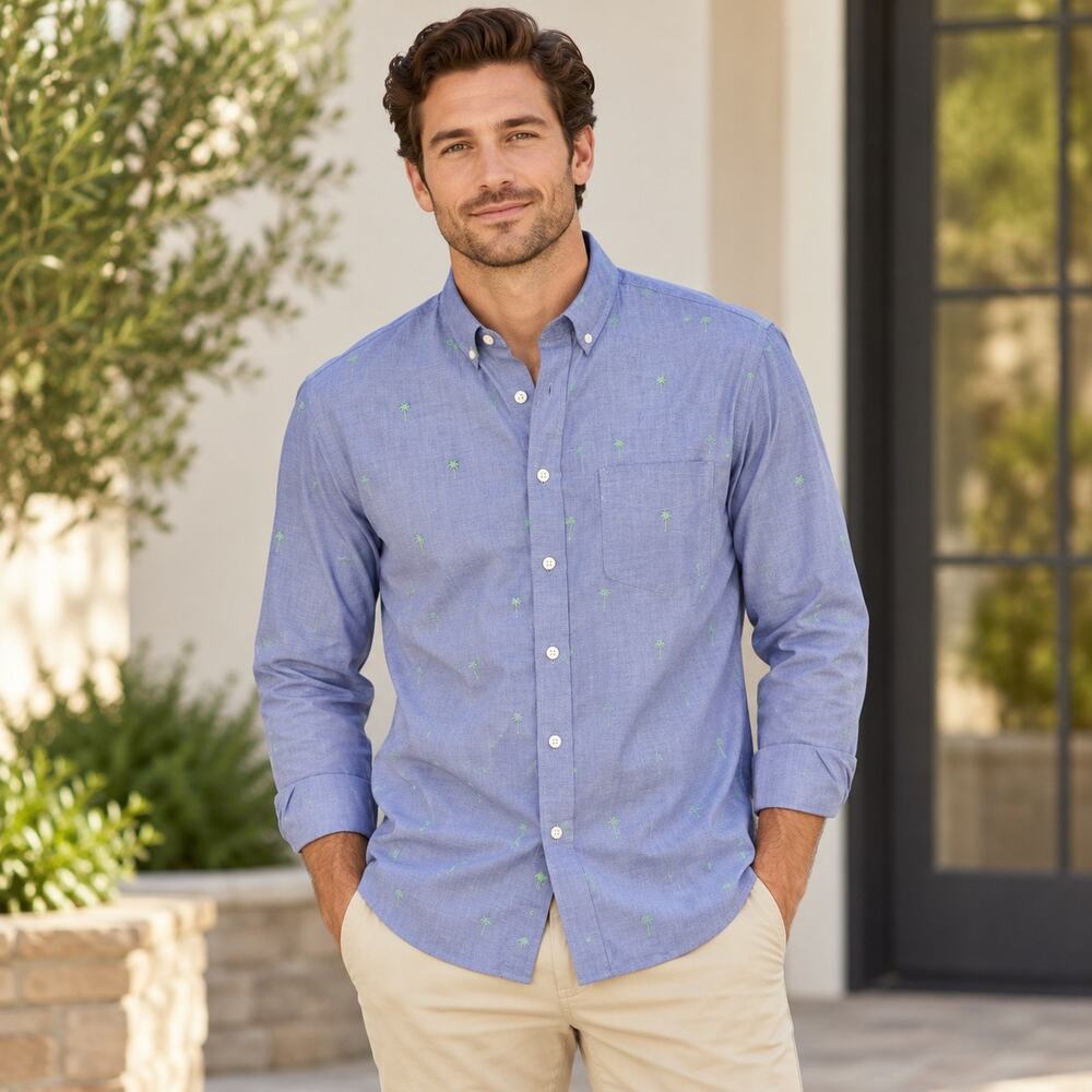 Banana Republic Luxe Poplin Shirt Men’s M Slim Fit Blue Green Palm Tree Cotton